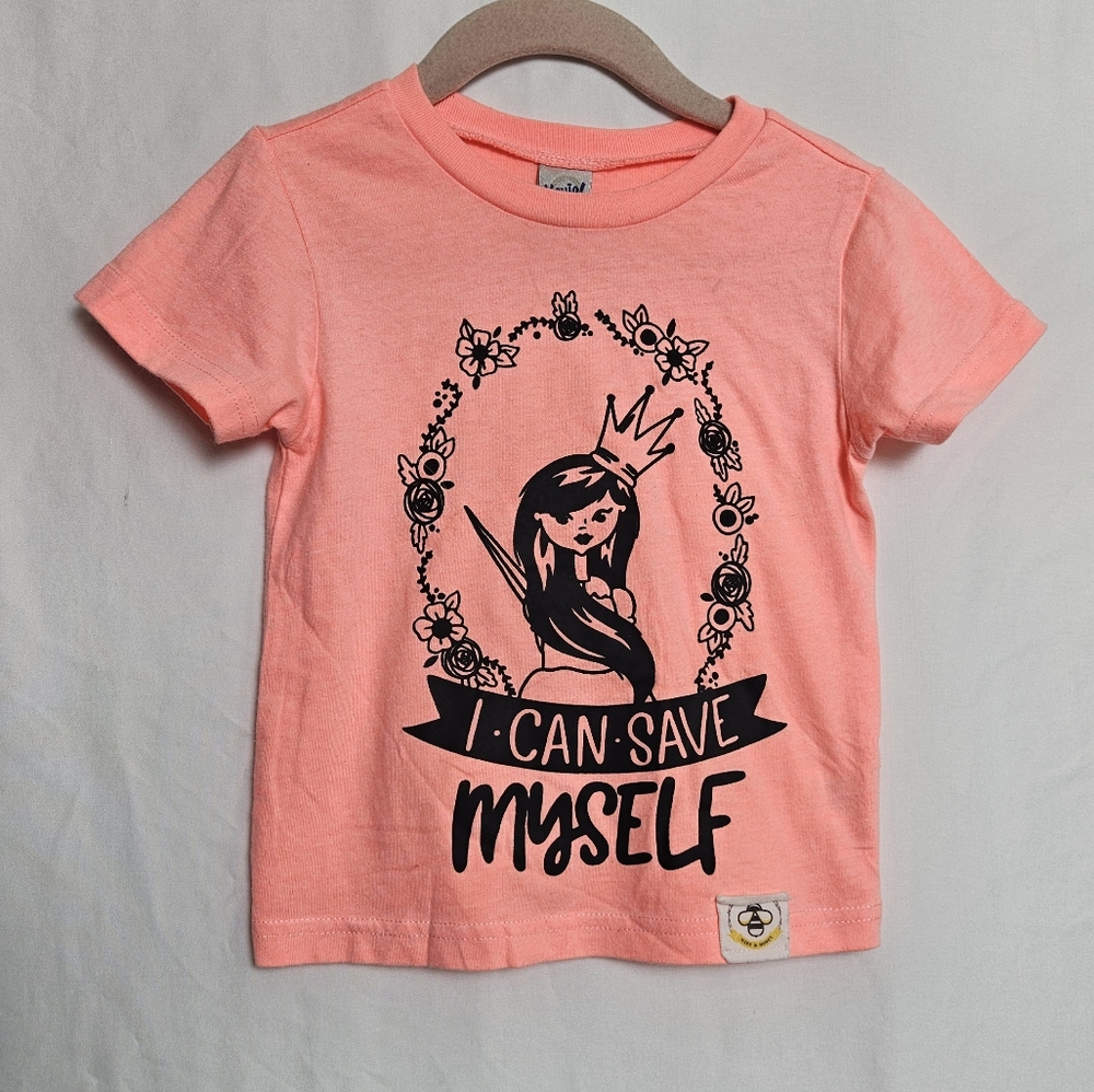 Wire & Honey I Can Save Myself Toddler Girls 2T Neon Short Sleeve Tee Shirt